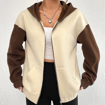 Damen Sweatjacke Lässig Kontrastärmel Kapuze Schwarz - Eveloria