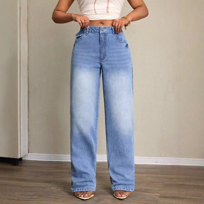Damen Weite Jeans Hochbund Lässiger Schnitt Eveloria