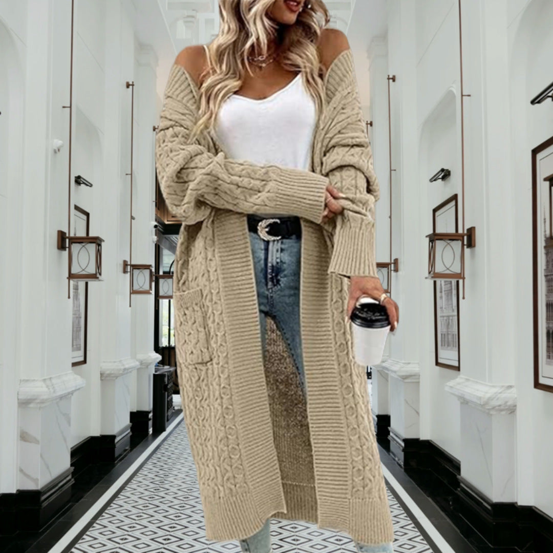 Damen Cardigan Grobstrick Offenes Design Mit Taschen Beige