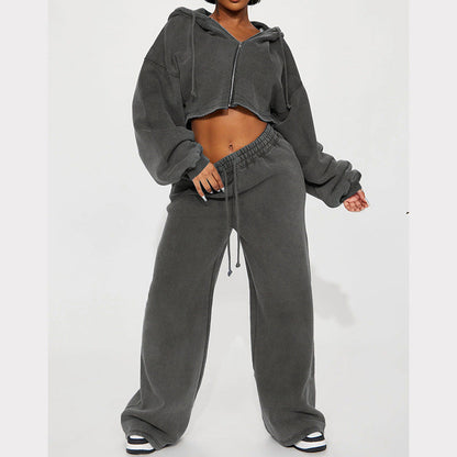 Damen Fleece-Hoodie-Set mit weiter Hose Grau Eveloria