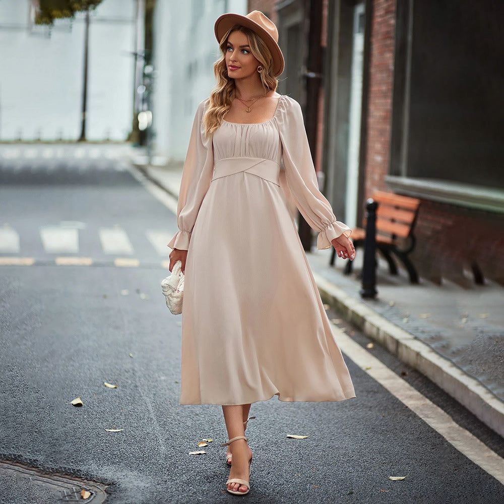Damen Midi-Kleid Elegante Drapierung Langer Puffärmel - Eveloria