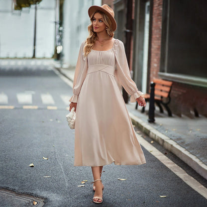 Damen Midi-Kleid Elegante Drapierung Langer Puffärmel - Eveloria