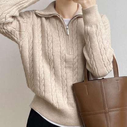 Damen Grobstrickpullover Hochkragen Zopfmuster