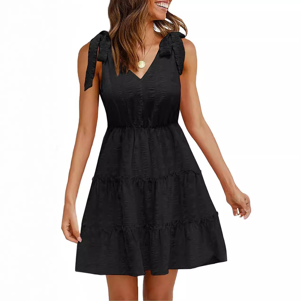 Damen Ärmelloses Sommerkleid Rüschen V-Ausschnitt Eveloria