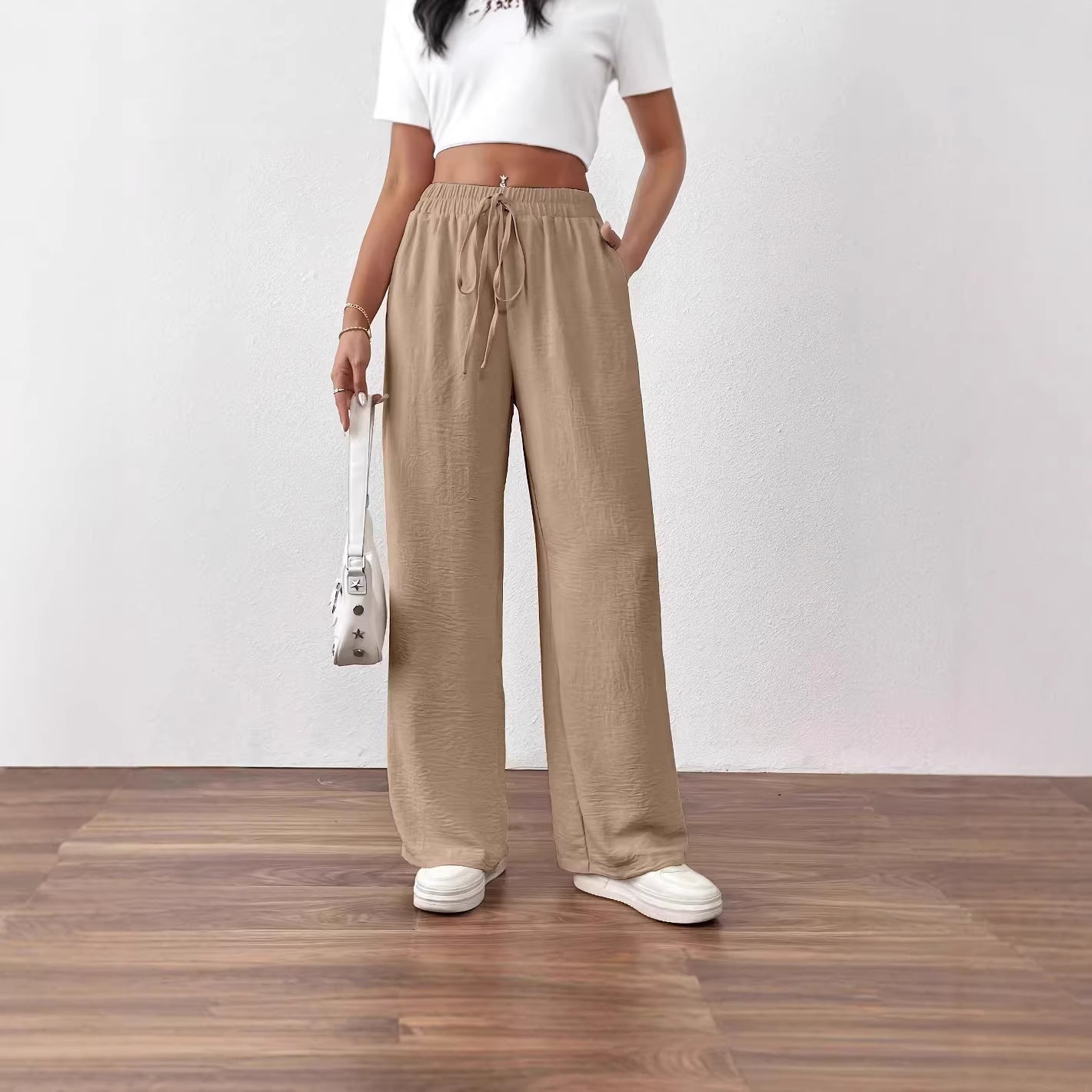 Damen Chiffon-Hose Weite Elastischer Bund Beige