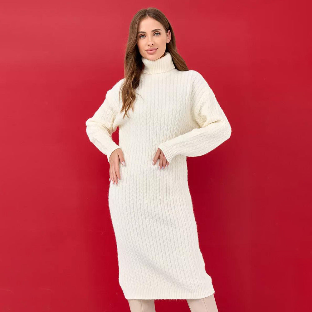 Damen Rollkragenpullover Grobstrick Zopfmuster Lässig Beige