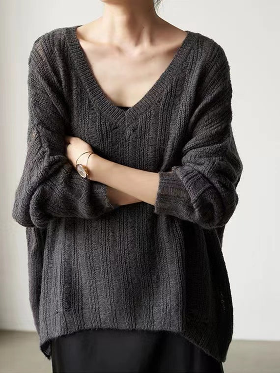 Damen Grobstrickpullover V-Ausschnitt Modisch