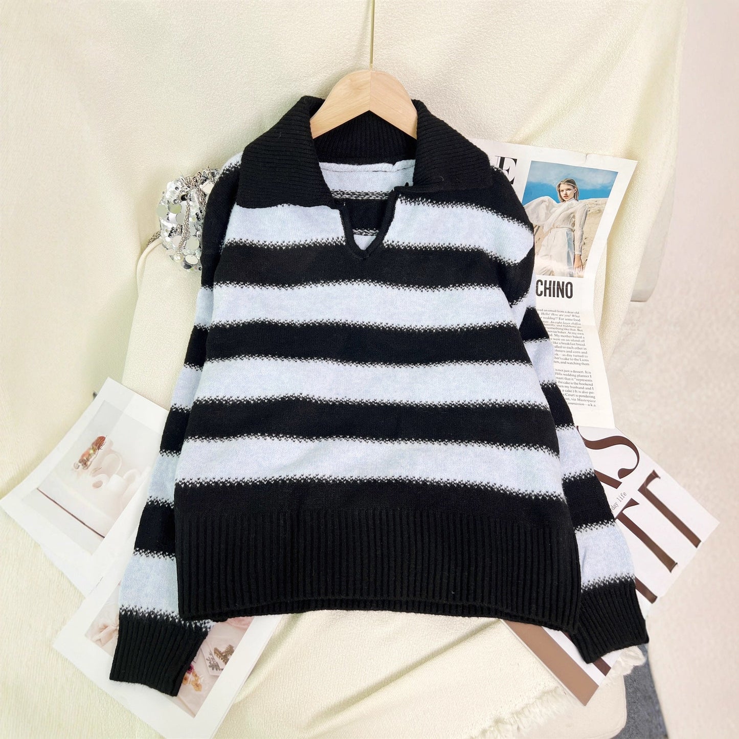 Damen Pullover Gestreift Elastischer Bund Moderner Polokragen