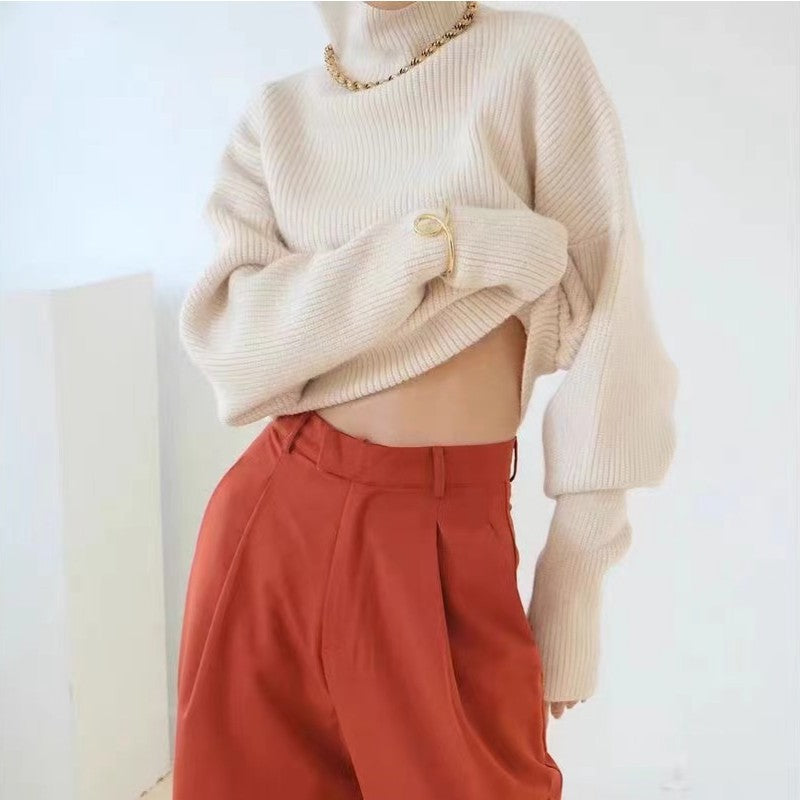 Damen Rollkragenpullover Strukturiertes Muster Weite Ärmel