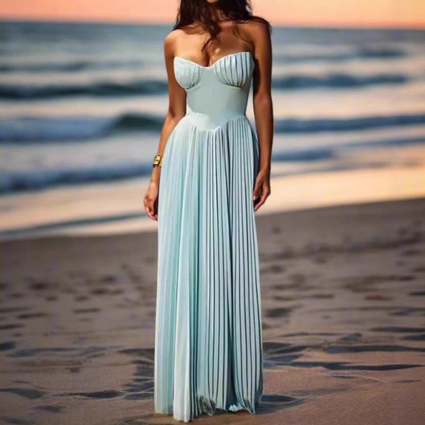 Damen Maxikleid mit Plissee und Herzförmigem Oberteil