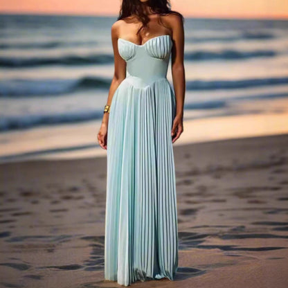 Damen Maxikleid mit Plissee und Herzförmigem Oberteil