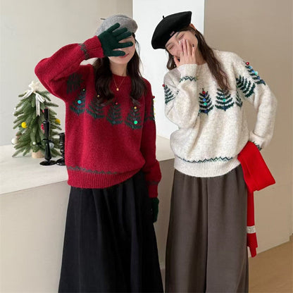 Damen Pullover Kuschelig Muster Applikationen