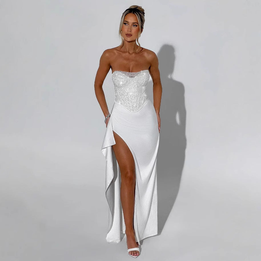 Damen Abendkleid Hochgeschlossen Transparenter Oberteil Schwarz - Eveloria