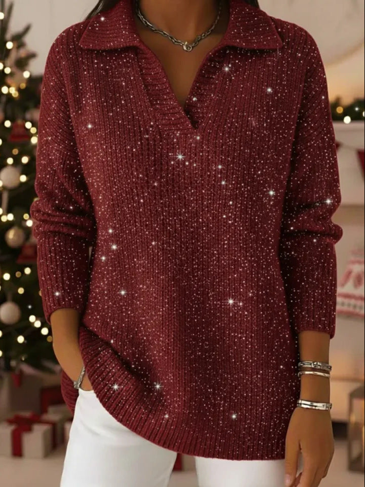 Damen Strickpullover Schimmer Effekt Moderner Kragen Eveloria