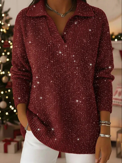 Damen Strickpullover Schimmer Effekt Moderner Kragen Eveloria