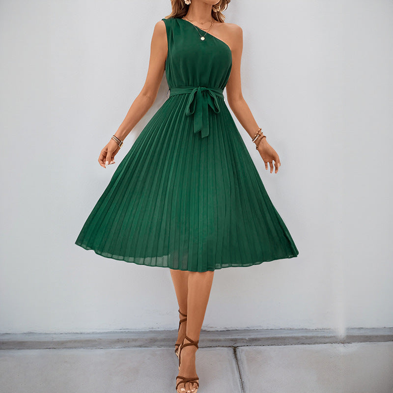 Damen Midi-Kleid Plissee Taillengürtel Elegant Eveloria