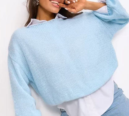 Damen Grobstrickpullover Weite Ärmel Rundhals Eveloria