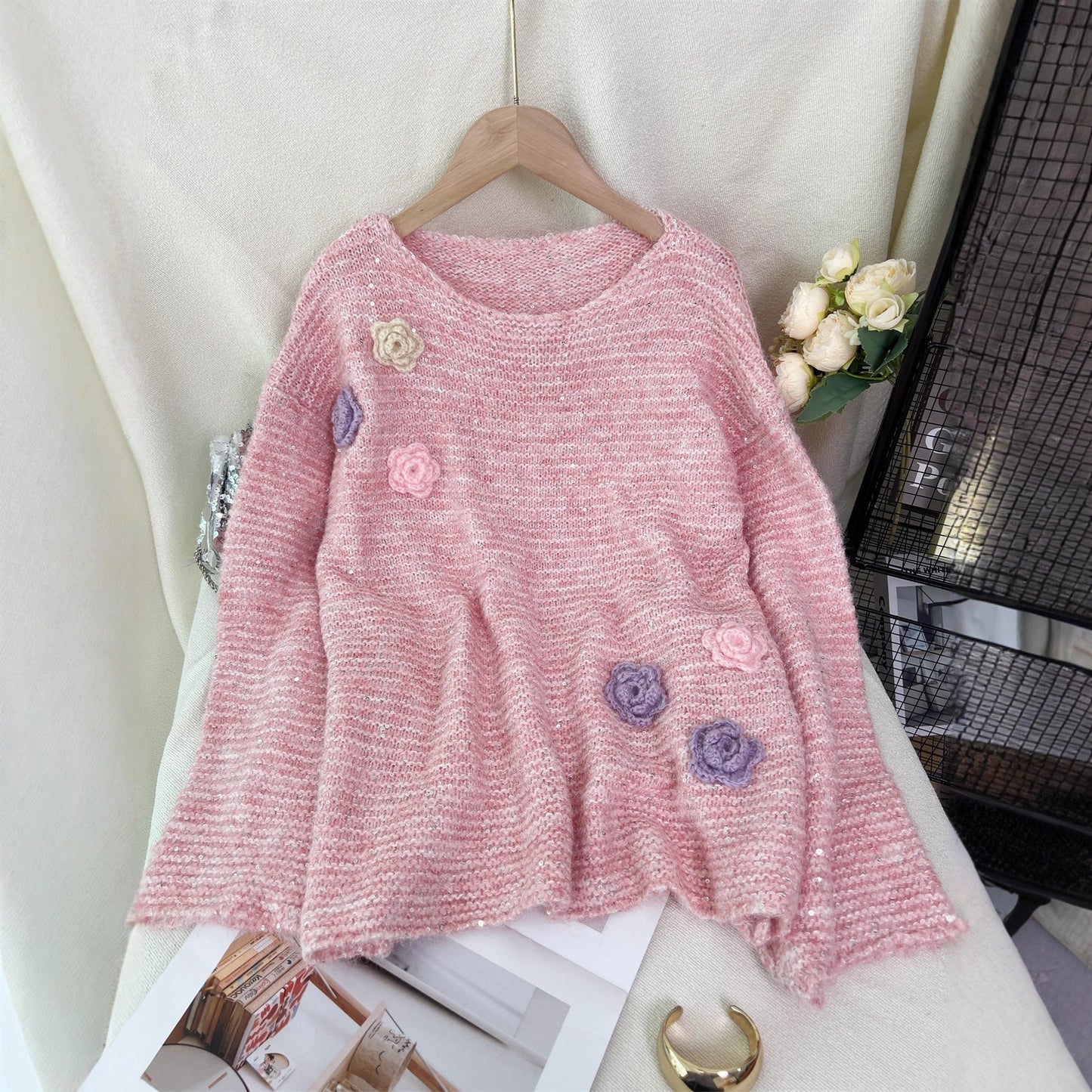 Damen Strickpullover Florales 3D-Design Eveloria