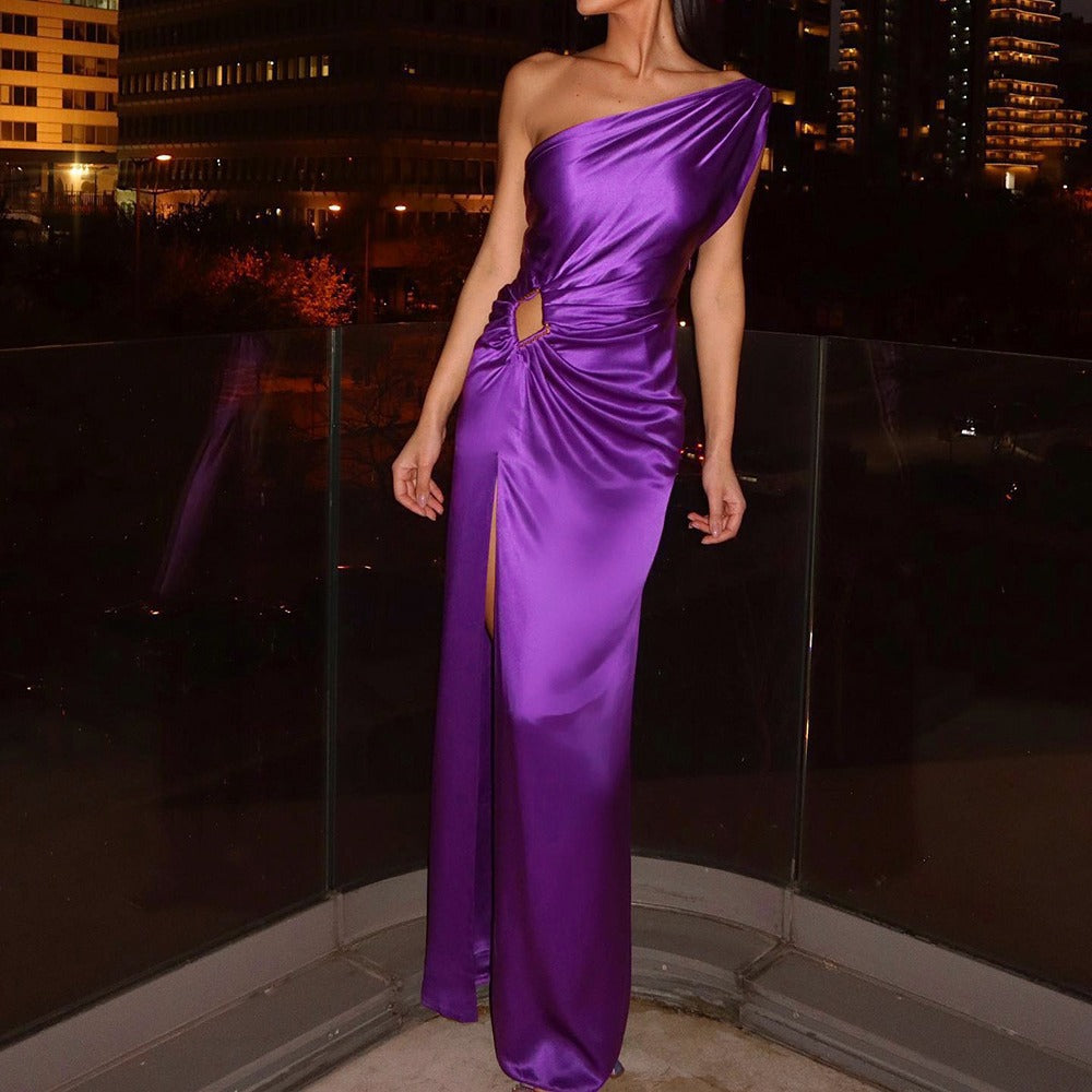 Damen Abendkleid Asymmetrischer Schnitt Schimmer Effekt Schwarz - Eveloria