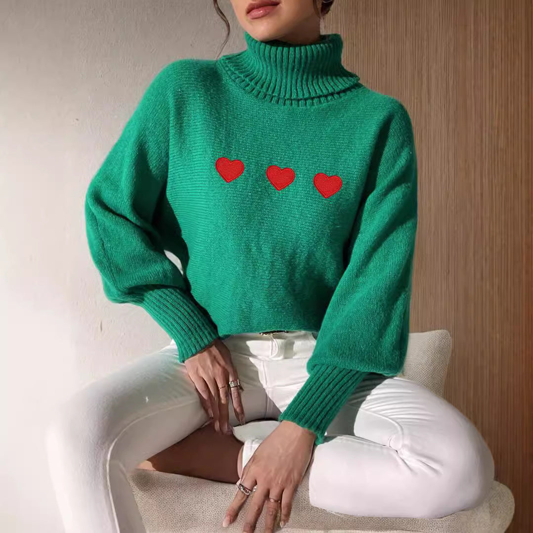 Damen Pullover Hochkragen Herzapplikationen Eveloria - Eveloria