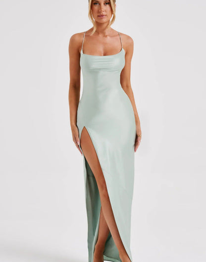 Damen Maxikleid Hochhängender Schlitz Schmales Trägerdesign
