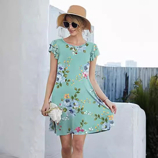 Damen Blumenkleid Sommer Rüschendetails schwingender Rock Eveloria