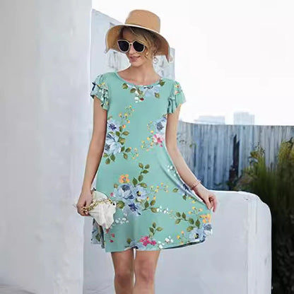 Damen Blumenkleid Sommer Rüschendetails schwingender Rock Eveloria