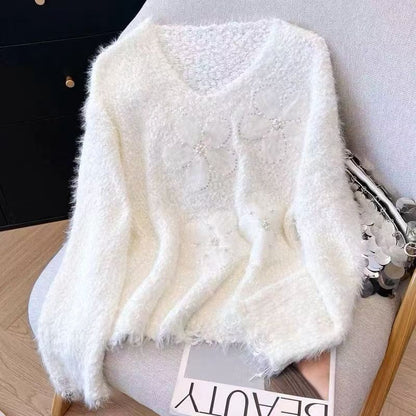 Damen Pullover Kuschelfleece Floralmuster Beige