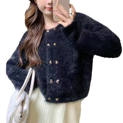 Damen Strickjacke Kuschelig Dekorative Knöpfe Beige