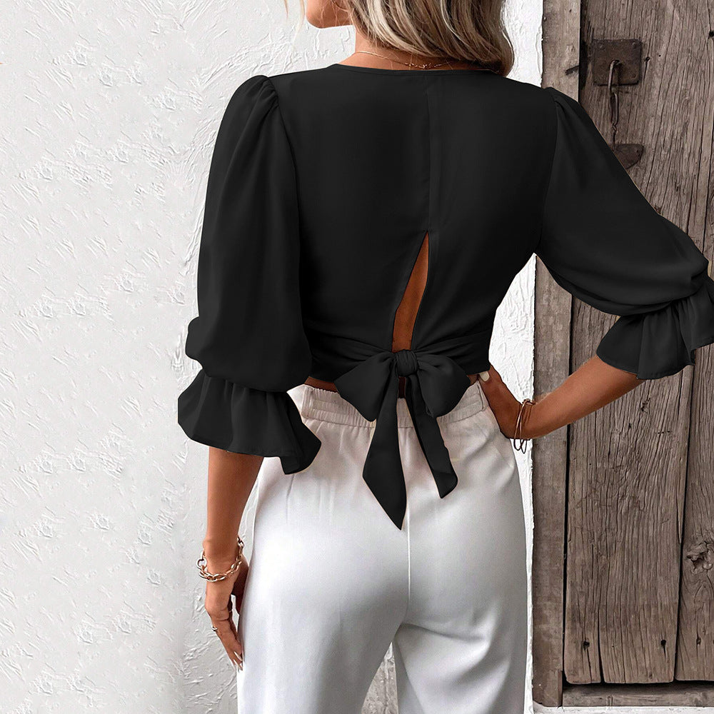 Damen Crop- Puffärmel V-Ausschnitt Eveloria