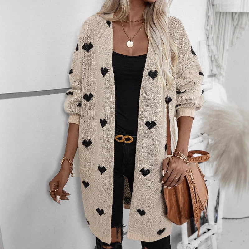 Damen Strickjacke Herzmuster Lässig Grün - Eveloria