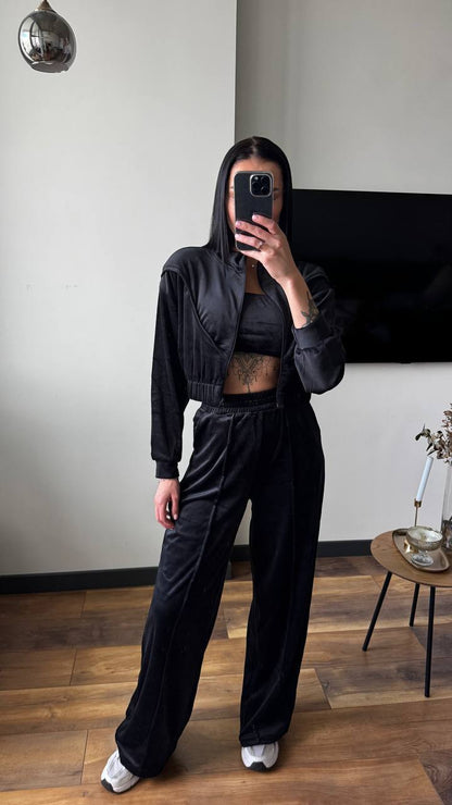 Damen Velours-Loungewear-Set Cropped Jacke Weite Hose Eveloria