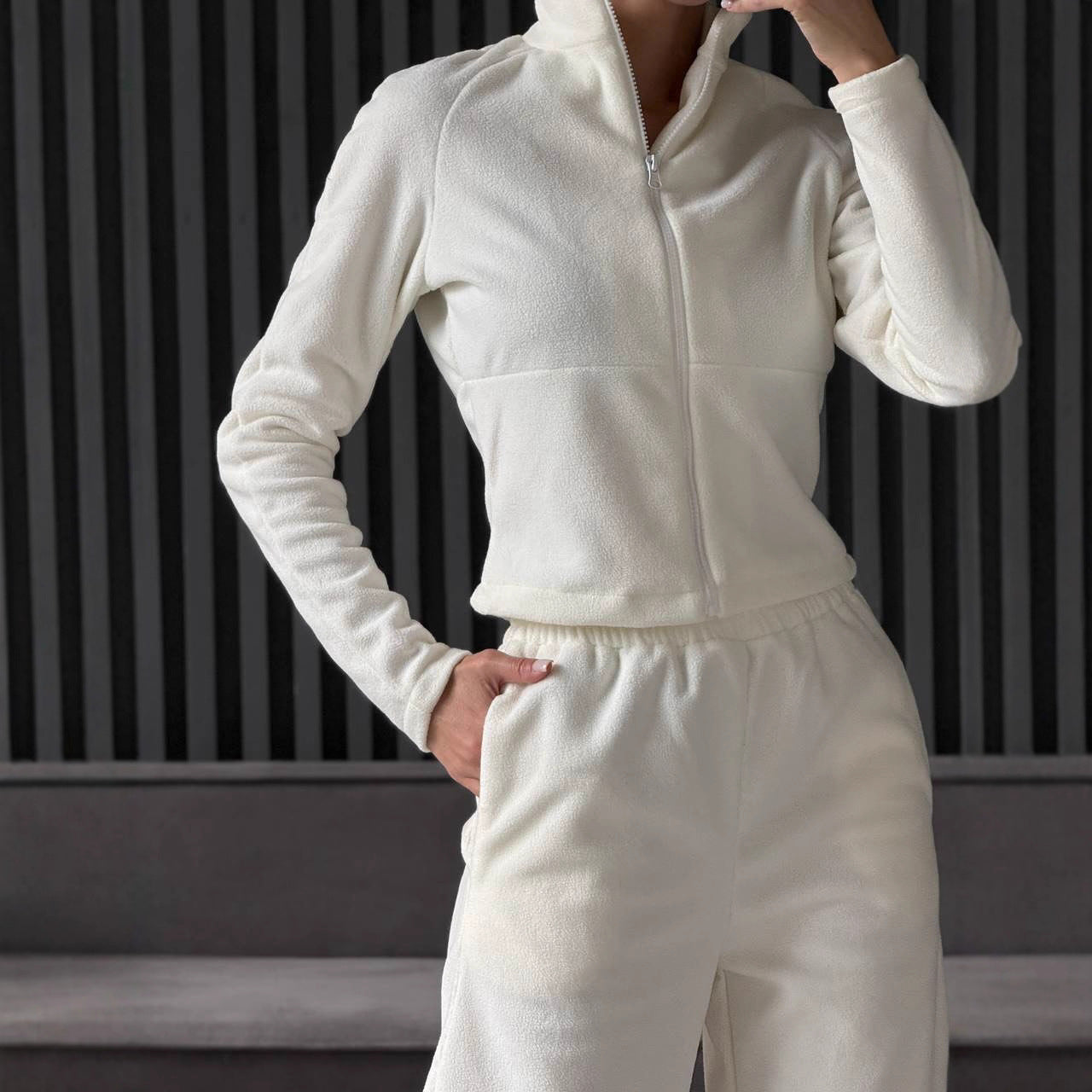 Damen Fleece Jogginganzug Hochkragen Praktische Taschen