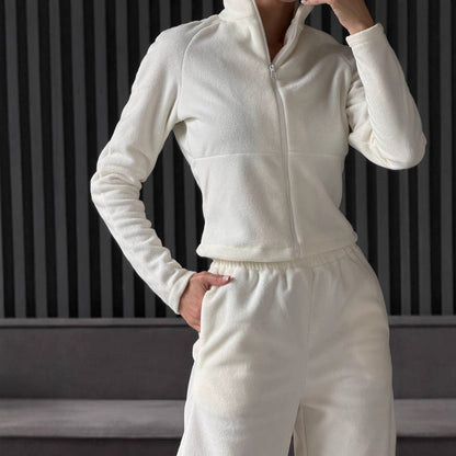 Damen Fleece Jogginganzug Hochkragen Praktische Taschen
