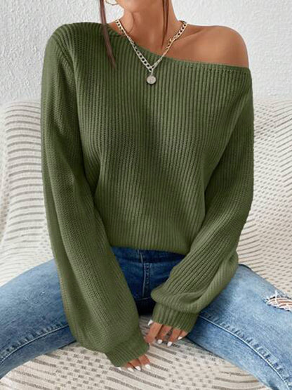 Damen Strickpullover Lässig Weites Design Offene Schulter Beige