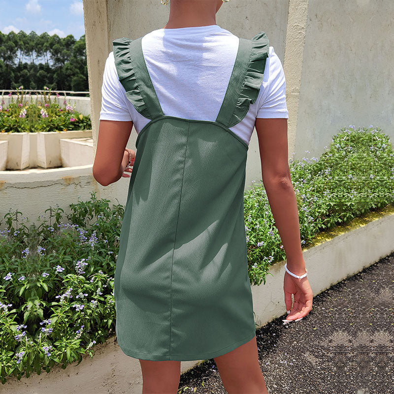 Damen Latzkleid Rüschendetails Seitentaschen Eveloria