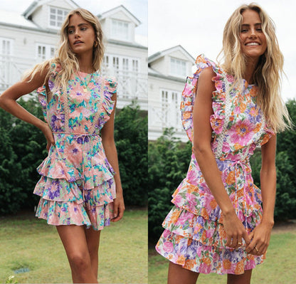 Damen Sommerkleid mit Rüschen und Blumenmuster, Taillengürtel, - Eveloria