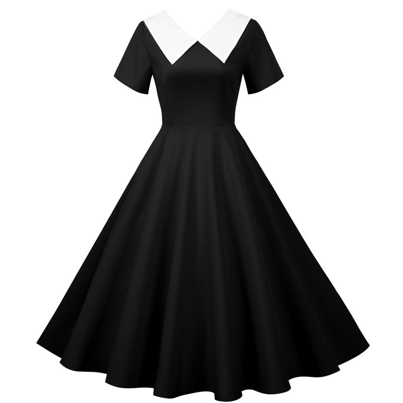 Damen Swingkleid Elegant Kragen Schwingrock Schwarz Eveloria - Eveloria