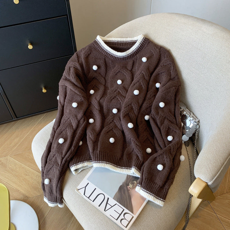 Damen Strickpullover Doppelter Zopf Dekorative Pompons