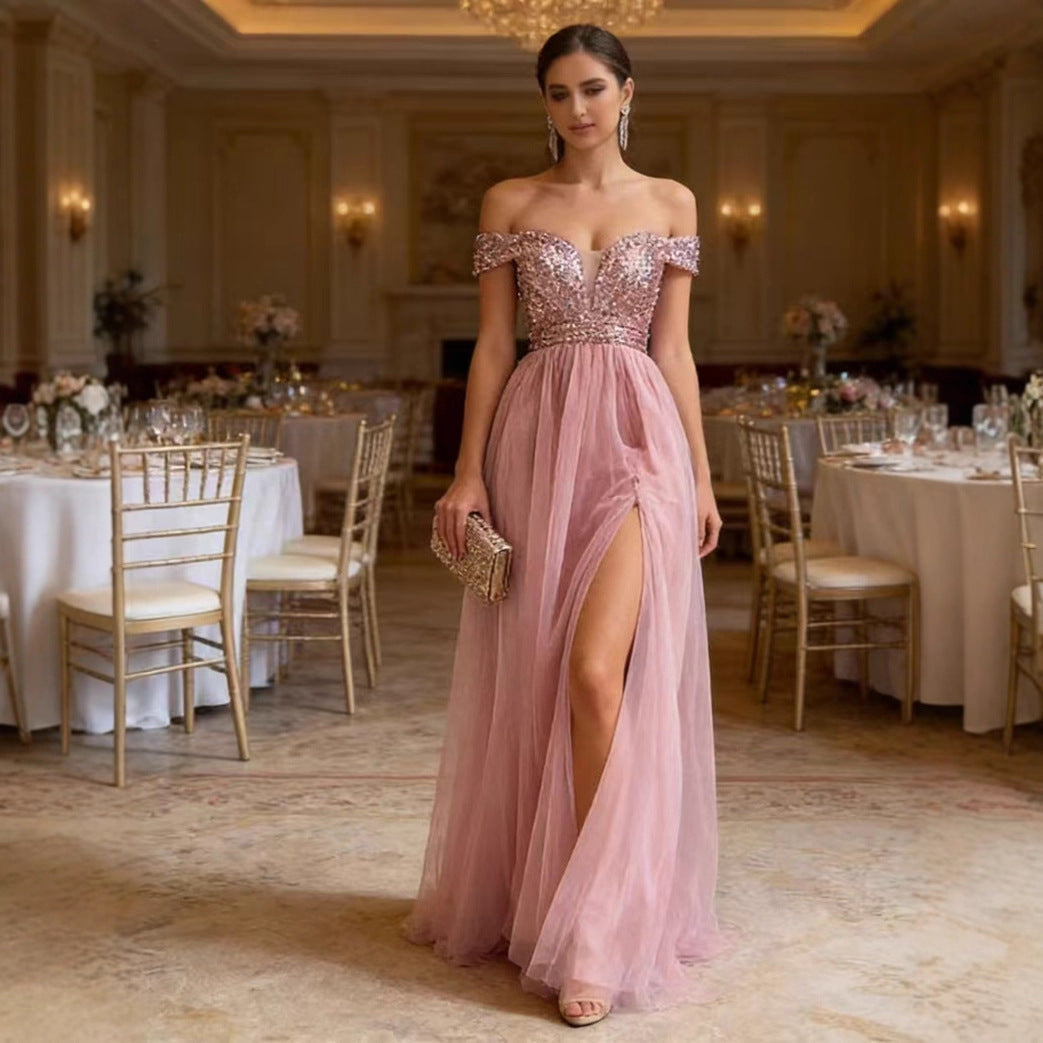 Damen Abendkleid Schulterfrei Glitzerapplikationen Eveloria - Eveloria