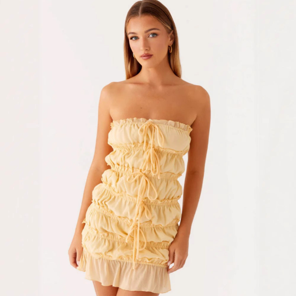 Damen Kleid Rüschen Verstellbarer Kordelzug Schwarz Eveloria - Eveloria