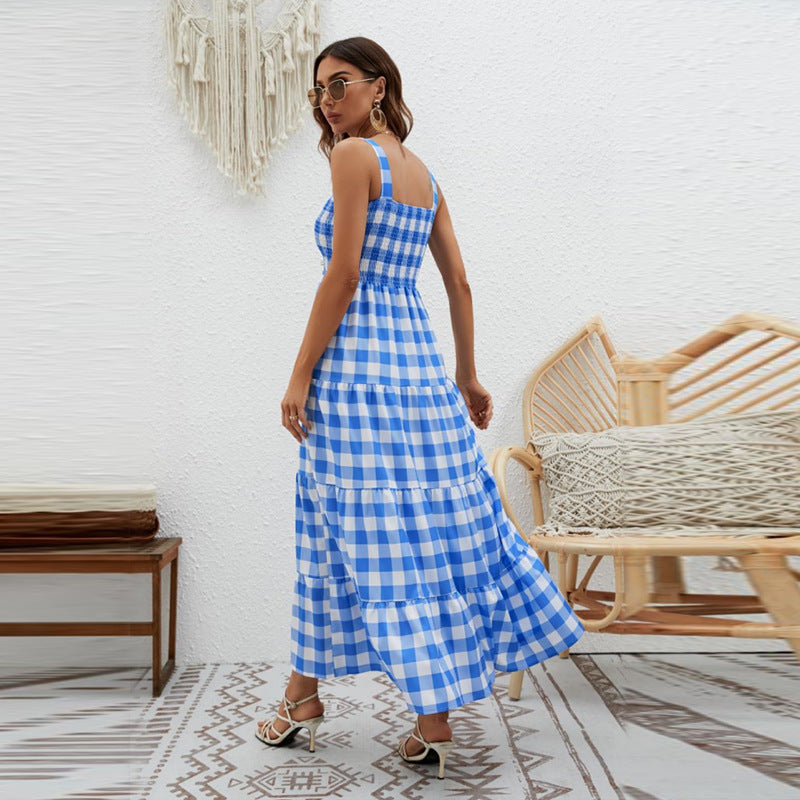 Damen Maxikleid Karomuster Elastisch Luftig