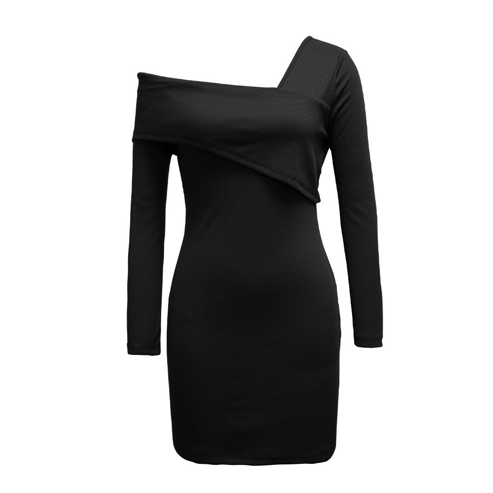 Damen Mini-Kleid Asymmetrischer Ausschnitt Langer Ärmel Eveloria