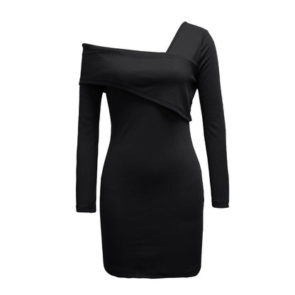 Damen Mini-Kleid Asymmetrischer Ausschnitt Langer Ärmel Eveloria