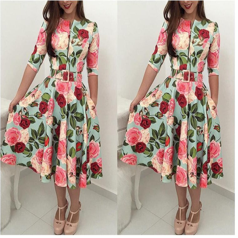 Damen Midikleid Floralmuster Taillengürtel Eveloria