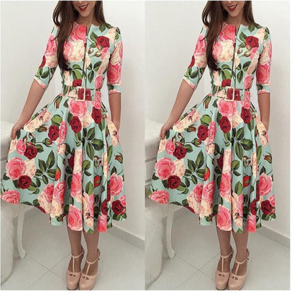 Damen Midikleid Floralmuster Taillengürtel Eveloria