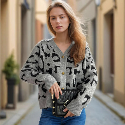 Damen Strickjacke Animalmuster Goldknöpfe Beige