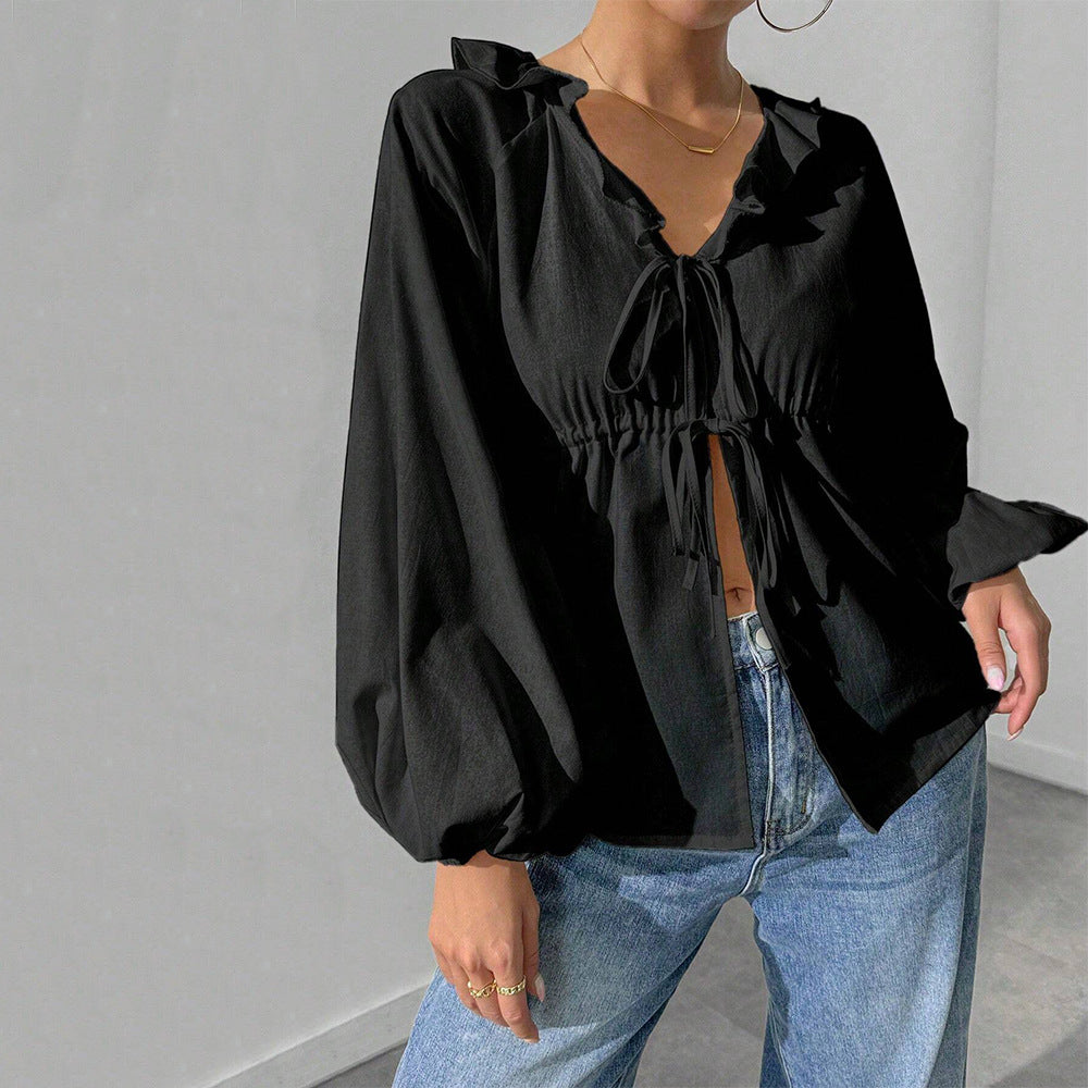 Damen Shirtjacke Bluse Ärmel Voluminös Rüschendetails Eveloria
