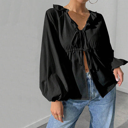 Damen Shirtjacke Bluse Ärmel Voluminös Rüschendetails Eveloria