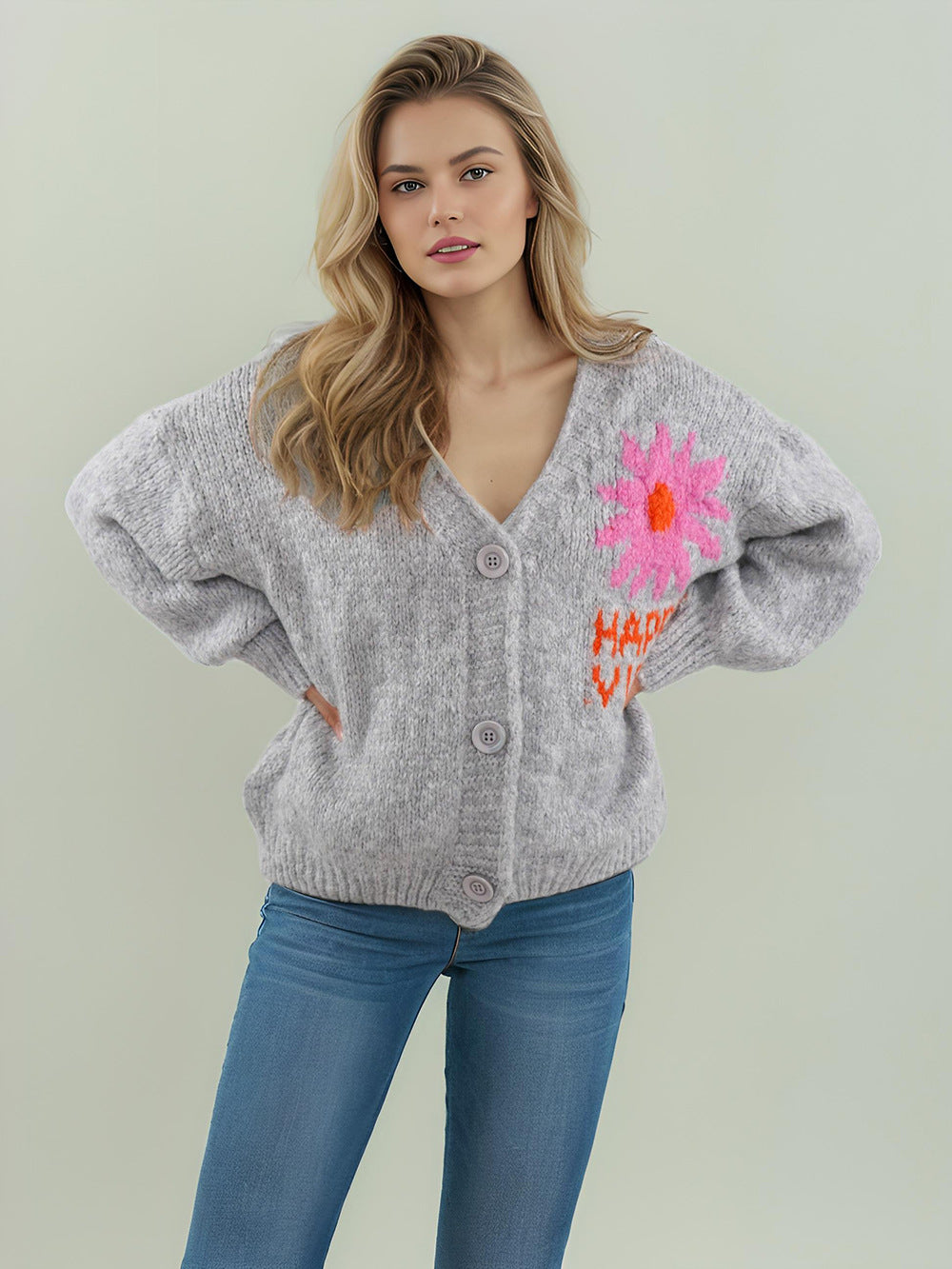 Damen Strickjacke Blumenmotiv Bunt Große Knöpfe